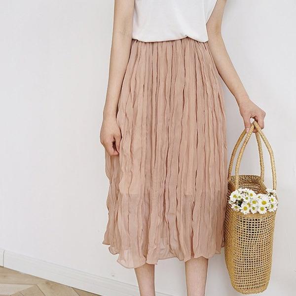 レディース シフォン ハイウエスト スカート ミモレ丈 無地 春 夏 ボトムス カジュアル キュート 大人 可愛い フェミニン きれいめ おしゃれ お出かけ デイリー オフィス 普段着 ホワイト ブラウン ピンク フリーサイズ ワンサイズ 送料無料