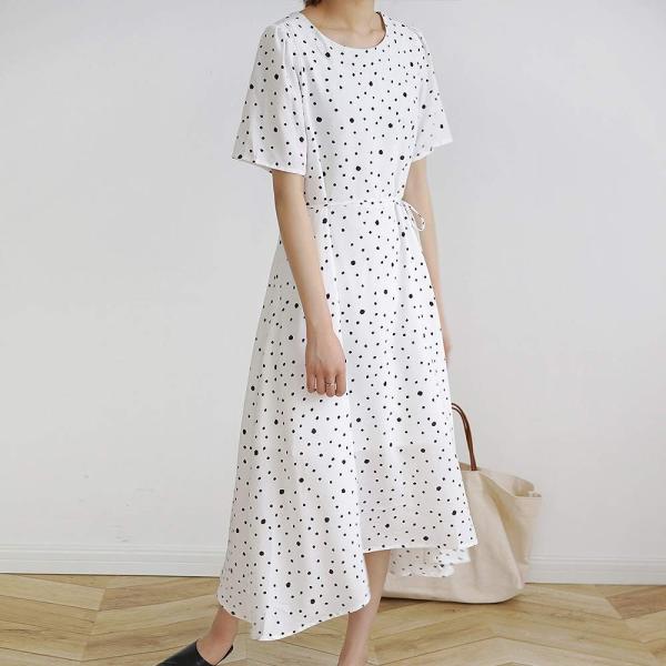 レディース シフォン ハイウエスト スカート ミモレ丈 ドット ラウンドネック 春 夏 ボトムス カジュアル キュート 大人 可愛い フェミニン きれいめ おしゃれ お出かけ デイリー オフィス ホワイト ブラック フリーサイズ ワンサイズ 送料無料