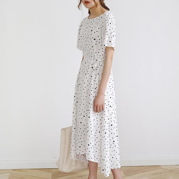 レディース シフォン ハイウエスト スカート ミモレ丈 ドット ラウンドネック 春 夏 ボトムス カジュアル キュート 大人 可愛い フェミニン きれいめ おしゃれ お出かけ デイリー オフィス ホワイト ブラック フリーサイズ ワンサイズ 送料無料