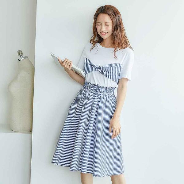 レディース 上下2点セット 半袖Tシャツ スカート ミモレ丈 ストライプ ボトムス カジュアル キュート 可愛い フェミニン きれいめ 上品 エレガント おしゃれ お出かけ デイリー 普段着 ブルー カーキ S M L サイズ 送料無料