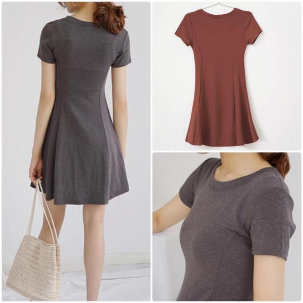 レディース ワンピース 半袖 ミニ丈 無地 ラウンドネック 春 夏 スカート カジュアル キュート 可愛い フェミニン きれいめ 上品 おしゃれ お出かけ デイリー 普段着 ブラック レッド カーキ グレー フリーサイズ ワンサイズ 送料無料