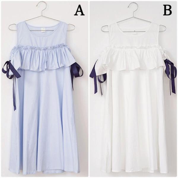 レディース ワンピース ショルダーカット 肩出し 肩見せ ミディ丈 リボン 無地 春 夏 スカート カジュアル キュート 可愛い フェミニン きれいめ 上品 エレガント おしゃれ お出かけ デイリー 普段着 ホワイト ブルー フリーサイズ 送料無料