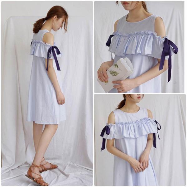 レディース ワンピース ショルダーカット 肩出し 肩見せ ミディ丈 リボン 無地 春 夏 スカート カジュアル キュート 可愛い フェミニン きれいめ 上品 エレガント おしゃれ お出かけ デイリー 普段着 ホワイト ブルー フリーサイズ 送料無料