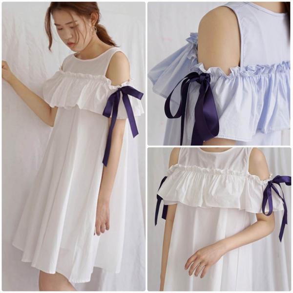 レディース ワンピース ショルダーカット 肩出し 肩見せ ミディ丈 リボン 無地 春 夏 スカート カジュアル キュート 可愛い フェミニン きれいめ 上品 エレガント おしゃれ お出かけ デイリー 普段着 ホワイト ブルー フリーサイズ 送料無料
