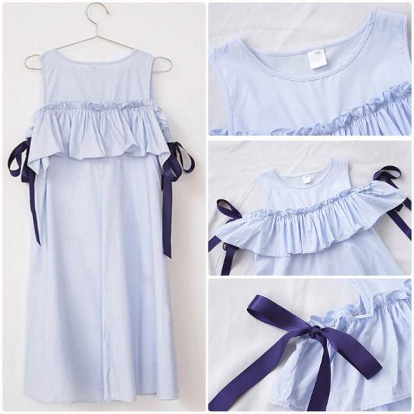 レディース ワンピース ショルダーカット 肩出し 肩見せ ミディ丈 リボン 無地 春 夏 スカート カジュアル キュート 可愛い フェミニン きれいめ 上品 エレガント おしゃれ お出かけ デイリー 普段着 ホワイト ブルー フリーサイズ 送料無料