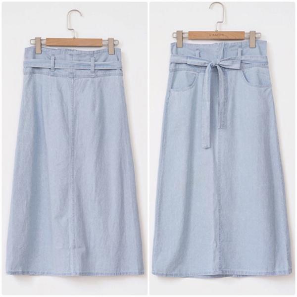 レディース スカート ハイウエスト ベルト ロング丈 ミモレ丈 無地 春 夏 ボトムス カジュアル キュート 大人 可愛い フェミニン きれいめ おしゃれ お出かけ デイリー オフィス 普段着 ブルー フリーサイズ ワンサイズ 送料無料