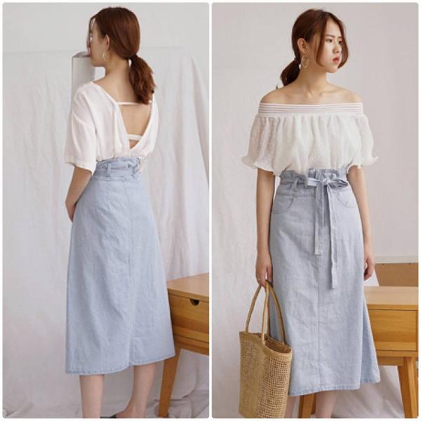 レディース スカート ハイウエスト ベルト ロング丈 ミモレ丈 無地 春 夏 ボトムス カジュアル キュート 大人 可愛い フェミニン きれいめ おしゃれ お出かけ デイリー オフィス 普段着 ブルー フリーサイズ ワンサイズ 送料無料