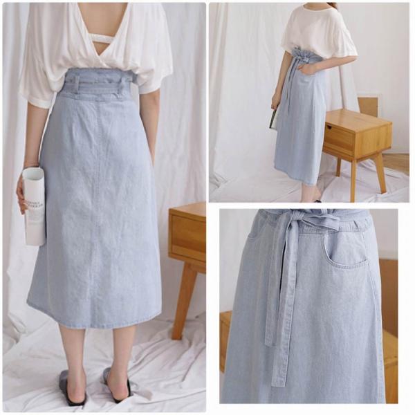 レディース スカート ハイウエスト ベルト ロング丈 ミモレ丈 無地 春 夏 ボトムス カジュアル キュート 大人 可愛い フェミニン きれいめ おしゃれ お出かけ デイリー オフィス 普段着 ブルー フリーサイズ ワンサイズ 送料無料