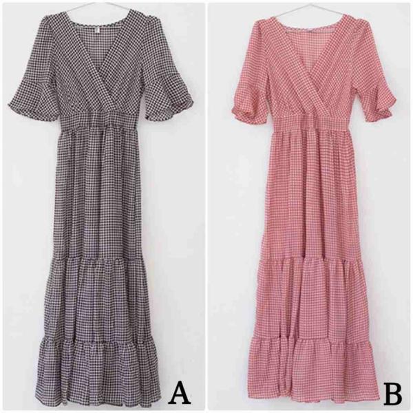 レディース ワンピース フレアスリーブ ボリュームスリーブ 半袖 マキシ丈 Vネック ギンガムチェック柄 春 夏 スカート カジュアル キュート 可愛い フェミニン きれいめ おしゃれ お出かけ デイリー 普段着 ブラック レッド フリーサイズ 送料無料