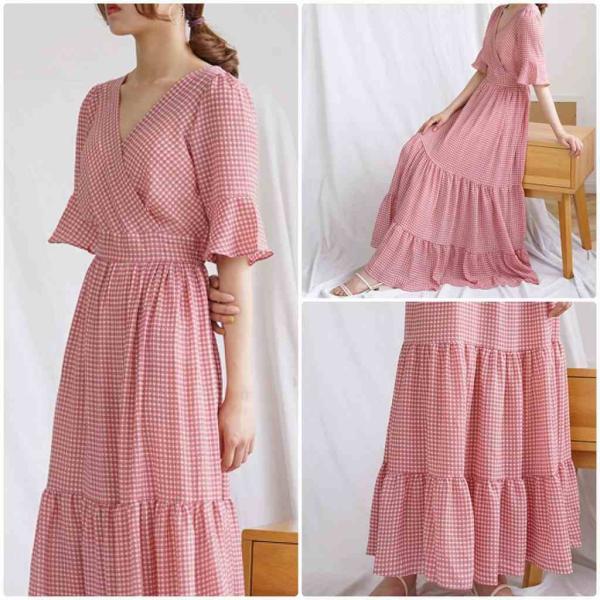 レディース ワンピース フレアスリーブ ボリュームスリーブ 半袖 マキシ丈 Vネック ギンガムチェック柄 春 夏 スカート カジュアル キュート 可愛い フェミニン きれいめ おしゃれ お出かけ デイリー 普段着 ブラック レッド フリーサイズ 送料無料
