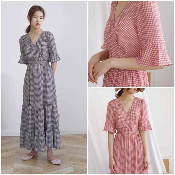 レディース ワンピース フレアスリーブ ボリュームスリーブ 半袖 マキシ丈 Vネック ギンガムチェック柄 春 夏 スカート カジュアル キュート 可愛い フェミニン きれいめ おしゃれ お出かけ デイリー 普段着 ブラック レッド フリーサイズ 送料無料
