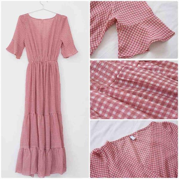 レディース ワンピース フレアスリーブ ボリュームスリーブ 半袖 マキシ丈 Vネック ギンガムチェック柄 春 夏 スカート カジュアル キュート 可愛い フェミニン きれいめ おしゃれ お出かけ デイリー 普段着 ブラック レッド フリーサイズ 送料無料