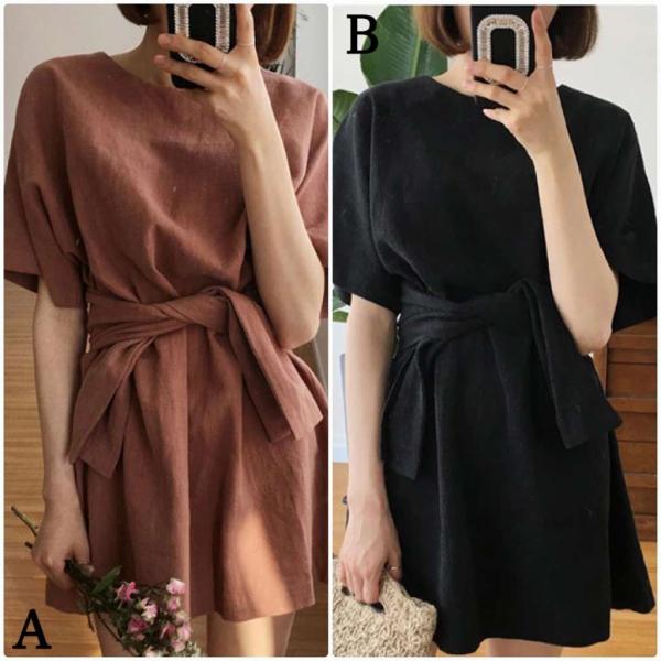 レディース ワンピース 腰紐 ミニ丈 無地 シンプル 半袖 春 夏 スカート カジュアル キュート 可愛い フェミニン きれいめ 上品 エレガント おしゃれ お出かけ デイリー 普段着 ブラック ブラウン フリーサイズ 送料無料