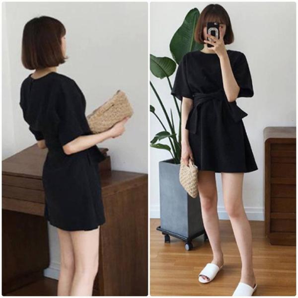 レディース ワンピース 腰紐 ミニ丈 無地 シンプル 半袖 春 夏 スカート カジュアル キュート 可愛い フェミニン きれいめ 上品 エレガント おしゃれ お出かけ デイリー 普段着 ブラック ブラウン フリーサイズ 送料無料