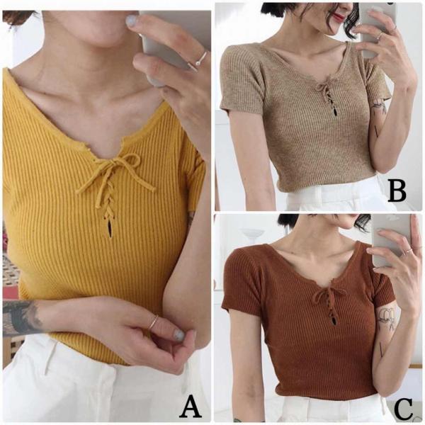 レディース カットソー レースアップ ニット 無地 シンプル タイト 半袖 トップス カジュアル キュート 大人 可愛い フェミニン おしゃれ お出かけ オフィス デイリー 普段着 ブラック ホワイト イエロー カーキ ブラウン フリーサイズ 送料無料