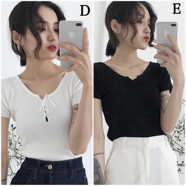 レディース カットソー レースアップ ニット 無地 シンプル タイト 半袖 トップス カジュアル キュート 大人 可愛い フェミニン おしゃれ お出かけ オフィス デイリー 普段着 ブラック ホワイト イエロー カーキ ブラウン フリーサイズ 送料無料
