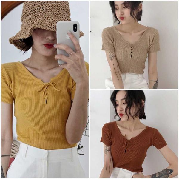 レディース カットソー レースアップ ニット 無地 シンプル タイト 半袖 トップス カジュアル キュート 大人 可愛い フェミニン おしゃれ お出かけ オフィス デイリー 普段着 ブラック ホワイト イエロー カーキ ブラウン フリーサイズ 送料無料