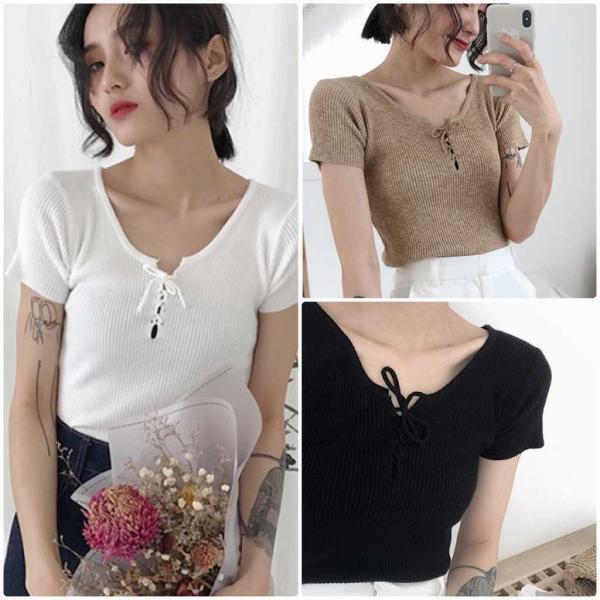 レディース カットソー レースアップ ニット 無地 シンプル タイト 半袖 トップス カジュアル キュート 大人 可愛い フェミニン おしゃれ お出かけ オフィス デイリー 普段着 ブラック ホワイト イエロー カーキ ブラウン フリーサイズ 送料無料