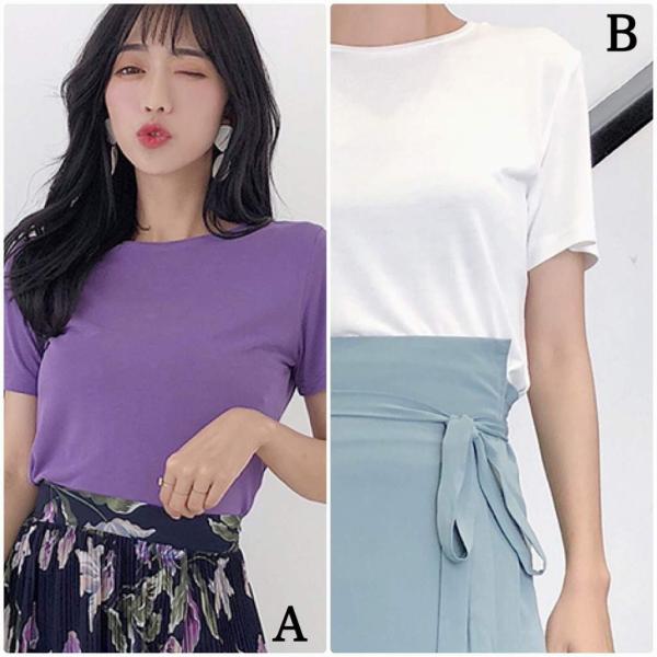 レディース 半袖Tシャツ ラウンドネック シンプル 無地 カットソー ショートスリーブ 夏 春 トップス カジュアル キュート 大人 可愛い フェミニン おしゃれ お出かけ 普段着 デイリー ホワイト パープル フリーサイズ ワンサイズ 送料無料