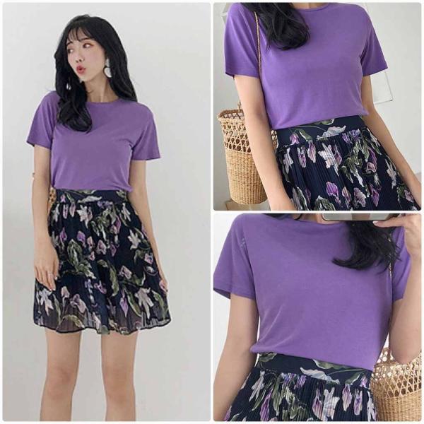 レディース 半袖Tシャツ ラウンドネック シンプル 無地 カットソー ショートスリーブ 夏 春 トップス カジュアル キュート 大人 可愛い フェミニン おしゃれ お出かけ 普段着 デイリー ホワイト パープル フリーサイズ ワンサイズ 送料無料