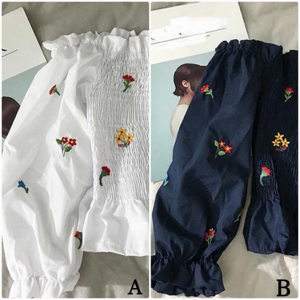 レディース 肩出し 肩見せ オフショルダー ブラウス 刺繍 花柄 シャツ 半袖 春 夏 トップス カジュアル キュート 可愛い フェミニン きれいめ 上品 エレガント おしゃれ お出かけ ホワイト ネイビー フリーサイズ ワンサイズ 送料無料