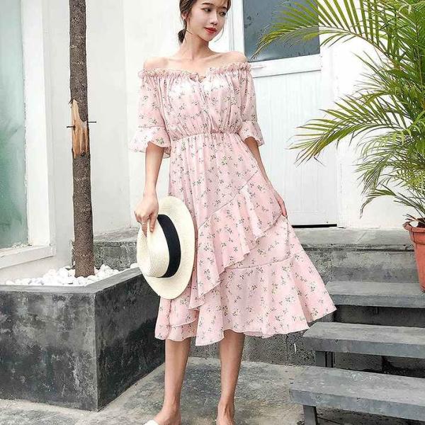 レディース ワンピース オフショルダー 半袖 フレア シフォン パフスリーブ ミディ丈 小花柄 総柄 エレガント カジュアル 大人可愛い フェミニン お出かけ デート デイリー リゾート ホワイト ピンク フリーサイズ 送料無料