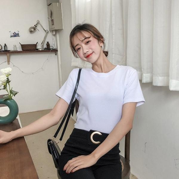 レディース トップス カットソー Tシャツ ラウンドネック 半袖 無地 スリム 定番 カジュアル 大人可愛い フェミニン オフィス お出かけ デート デイリー ホワイト パープル ローズ ブラック フリーサイズ 送料無料