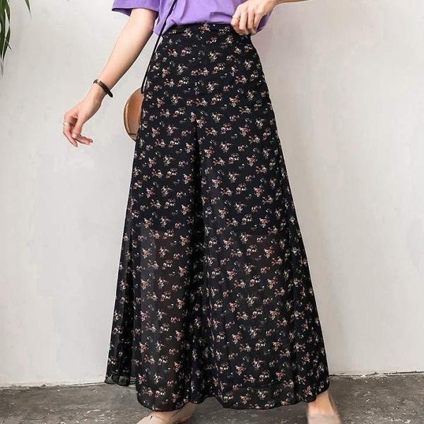 レディース ボトムス スカート マキシ丈 シフォン フレア 小花柄 総柄 エレガント カジュアル 大人可愛い フェミニン オフィス お出かけ デート デイリー リゾート ブラック フリーサイズ 送料無料