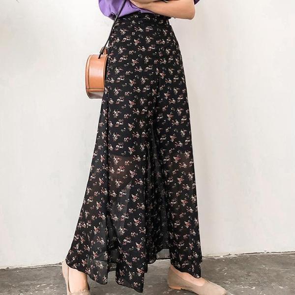 レディース ボトムス スカート マキシ丈 シフォン フレア 小花柄 総柄 エレガント カジュアル 大人可愛い フェミニン オフィス お出かけ デート デイリー リゾート ブラック フリーサイズ 送料無料