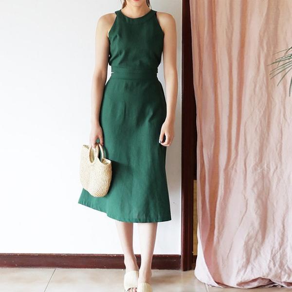 レディース ツーピース クルーネック ノースリーブ タイト シフォン ミモレ丈 無地 セクシー カジュアル 大人可愛い フェミニン お出かけ デート デイリー リゾート グリーン ブラック S M L 送料無料