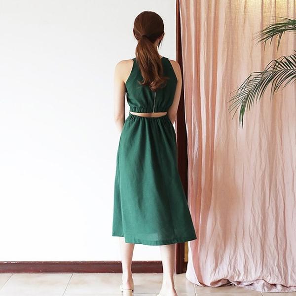 レディース ツーピース クルーネック ノースリーブ タイト シフォン ミモレ丈 無地 セクシー カジュアル 大人可愛い フェミニン お出かけ デート デイリー リゾート グリーン ブラック S M L 送料無料