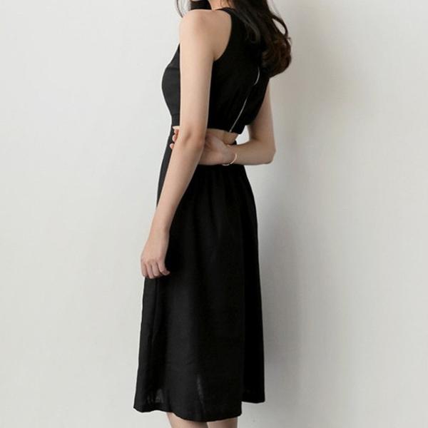 レディース ツーピース クルーネック ノースリーブ タイト シフォン ミモレ丈 無地 セクシー カジュアル 大人可愛い フェミニン お出かけ デート デイリー リゾート グリーン ブラック S M L 送料無料