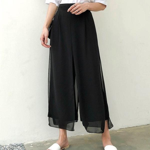 レディース ボトムス ワイドパンツ シフォン アンクル丈 無地 エレガント セクシー カジュアル 大人可愛い フェミニン お出かけ デート デイリー リゾート ブラック フリーサイズ 送料無料