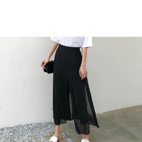 レディース ボトムス ワイドパンツ シフォン アンクル丈 無地 エレガント セクシー カジュアル 大人可愛い フェミニン お出かけ デート デイリー リゾート ブラック フリーサイズ 送料無料