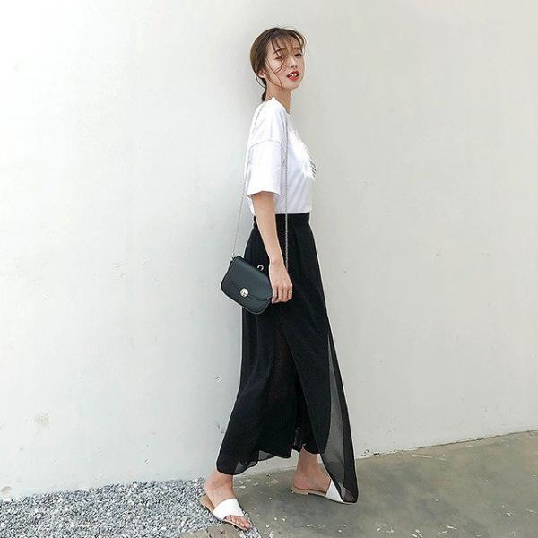 レディース ボトムス ワイドパンツ シフォン アンクル丈 無地 エレガント セクシー カジュアル 大人可愛い フェミニン お出かけ デート デイリー リゾート ブラック フリーサイズ 送料無料