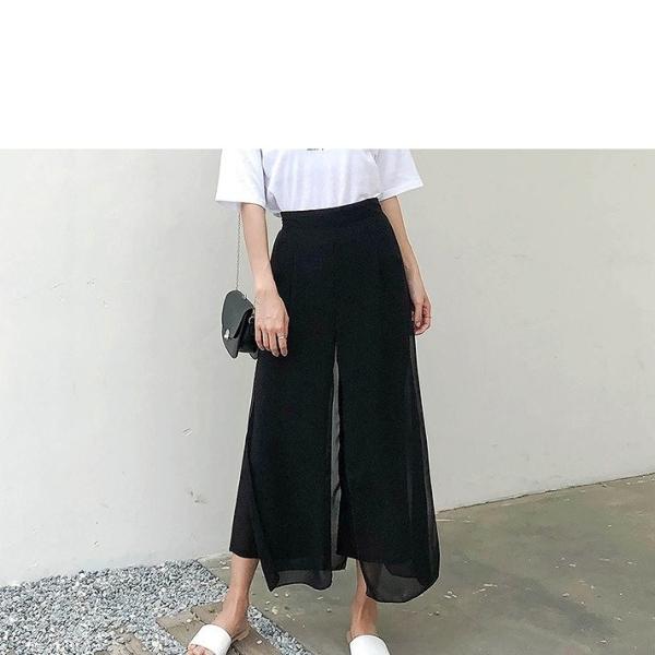 レディース ボトムス ワイドパンツ シフォン アンクル丈 無地 エレガント セクシー カジュアル 大人可愛い フェミニン お出かけ デート デイリー リゾート ブラック フリーサイズ 送料無料