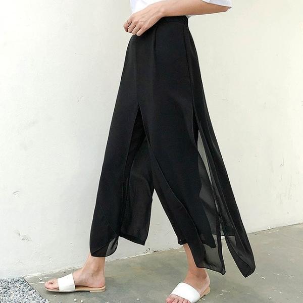 レディース ボトムス ワイドパンツ シフォン アンクル丈 無地 エレガント セクシー カジュアル 大人可愛い フェミニン お出かけ デート デイリー リゾート ブラック フリーサイズ 送料無料