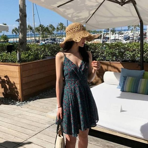 レディース ワンピース ノースリーブ 深Vネック フレア カシュクール 小花柄 総柄 膝上丈 サマードレス カジュアル 大人可愛い フェミニン お出かけ デート デイリー リゾート ブルー S M L XL 送料無料