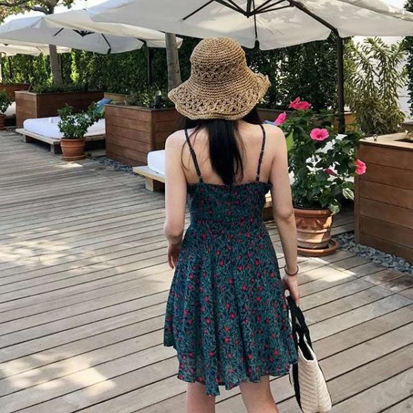 レディース ワンピース ノースリーブ 深Vネック フレア カシュクール 小花柄 総柄 膝上丈 サマードレス カジュアル 大人可愛い フェミニン お出かけ デート デイリー リゾート ブルー S M L XL 送料無料