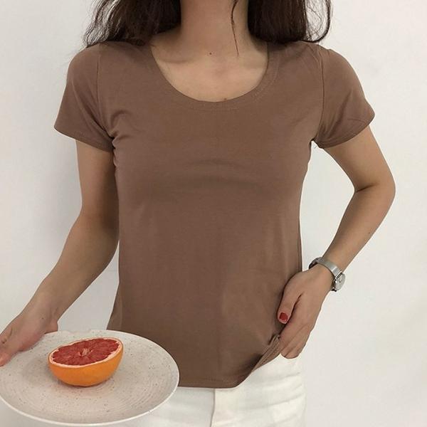 レディース トップス カットソー Tシャツ ラウンドネック 半袖 無地 スリム 定番 カジュアル 大人可愛い フェミニン オフィス お出かけ デート デイリー グレー ブラック ホワイト カーキ イエロー フリーサイズ 送料無料