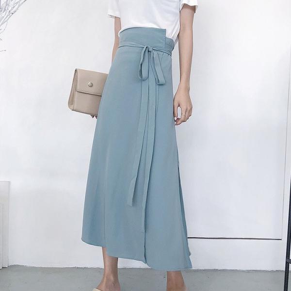 レディース ボトムス スカート ロング フレア 無地 ウエストリボン スリム カジュアル 大人可愛い フェミニン オフィス お出かけ デート デイリー リゾート ブルー フリーサイズ 送料無料