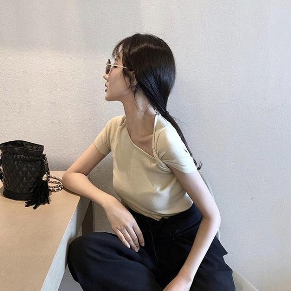 レディース トップス サマーニット カットソー アシンメトリー 半袖 無地 カジュアル 大人可愛い フェミニン オフィス お出かけ デート デイリー カーキ ブラック フリーサイズ 送料無料