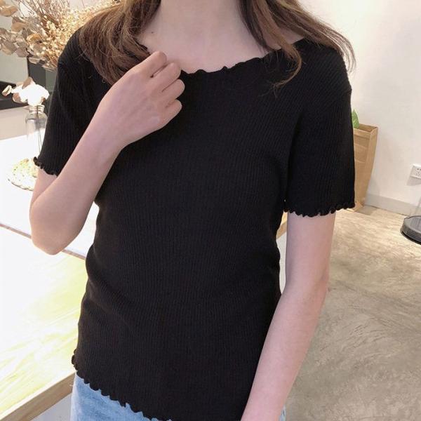レディース トップス サマーニット カットソー ラウンドネック 半袖 無地 定番 カジュアル 大人可愛い フェミニン オフィス お出かけ デート デイリー レッド カーキ ブラック ホワイト フリーサイズ 送料無料