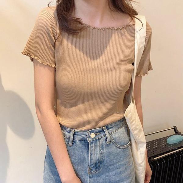 レディース トップス サマーニット カットソー ラウンドネック 半袖 無地 定番 カジュアル 大人可愛い フェミニン オフィス お出かけ デート デイリー レッド カーキ ブラック ホワイト フリーサイズ 送料無料
