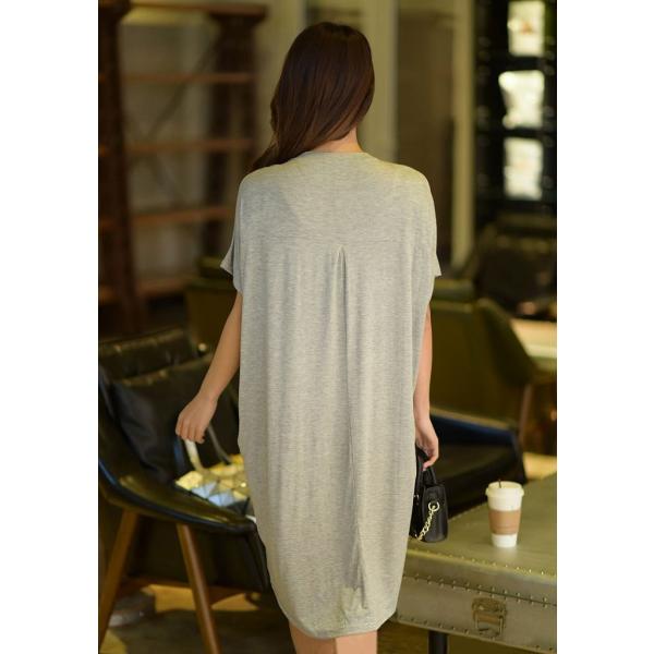 レディース ワンピース 半袖 ヘンリーネック 無地 ミディ丈 サマードレス ルーズ カジュアル 大人可愛い フェミニン お出かけ デート デイリー リゾート ルームウェア グレー ブラック ネイビー ホワイト フリーサイズ 送料無料
