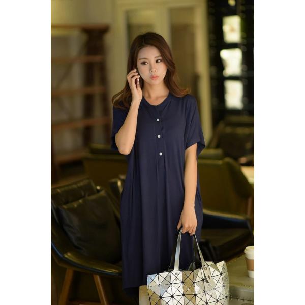 レディース ワンピース 半袖 ヘンリーネック 無地 ミディ丈 サマードレス ルーズ カジュアル 大人可愛い フェミニン お出かけ デート デイリー リゾート ルームウェア グレー ブラック ネイビー ホワイト フリーサイズ 送料無料