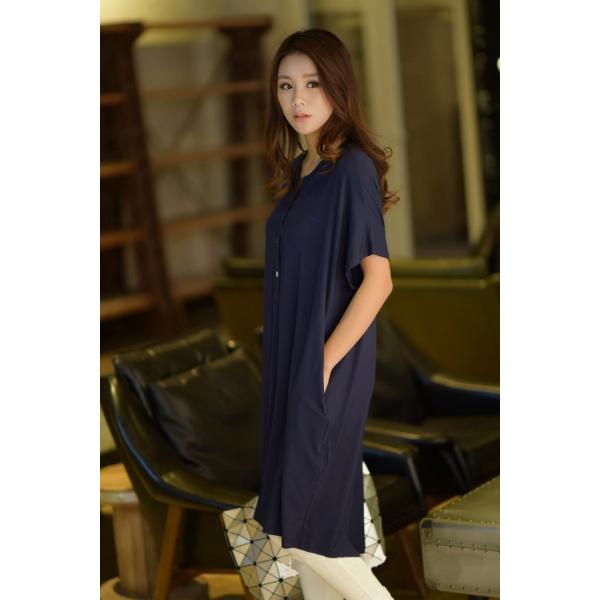 レディース ワンピース 半袖 ヘンリーネック 無地 ミディ丈 サマードレス ルーズ カジュアル 大人可愛い フェミニン お出かけ デート デイリー リゾート ルームウェア グレー ブラック ネイビー ホワイト フリーサイズ 送料無料