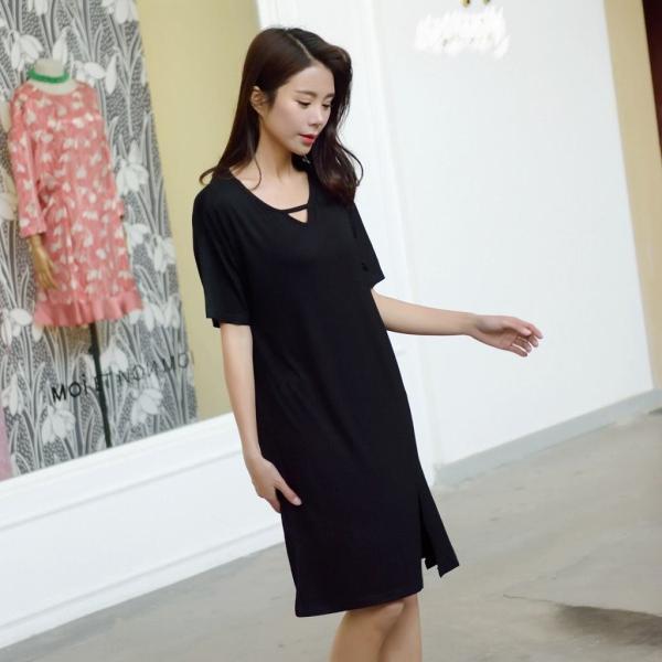 レディース ワンピース 半袖 Vネック 無地 ミディ丈 サマードレス ルーズ カジュアル 大人可愛い フェミニン お出かけ デート デイリー リゾート ルームウェア ブラック グリーン L XL 2XL 送料無料