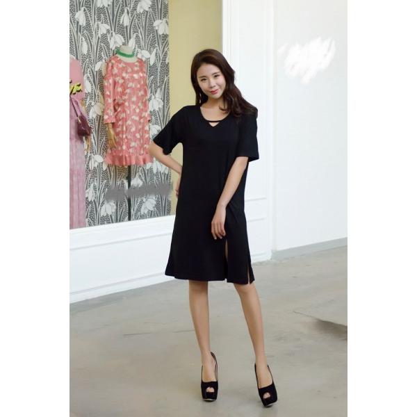 レディース ワンピース 半袖 Vネック 無地 ミディ丈 サマードレス ルーズ カジュアル 大人可愛い フェミニン お出かけ デート デイリー リゾート ルームウェア ブラック グリーン L XL 2XL 送料無料