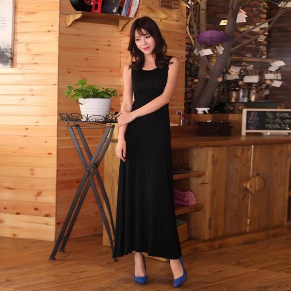 レディース ワンピース ノースリーブ ラウンドネック 無地 マキシ丈 フレア サマードレス スリム カジュアル 大人可愛い フェミニン お出かけ デイリー リゾート ルームウェア ダークグレー オリーブ ネイビー ピンク ブルー ブラック S M 送料無料